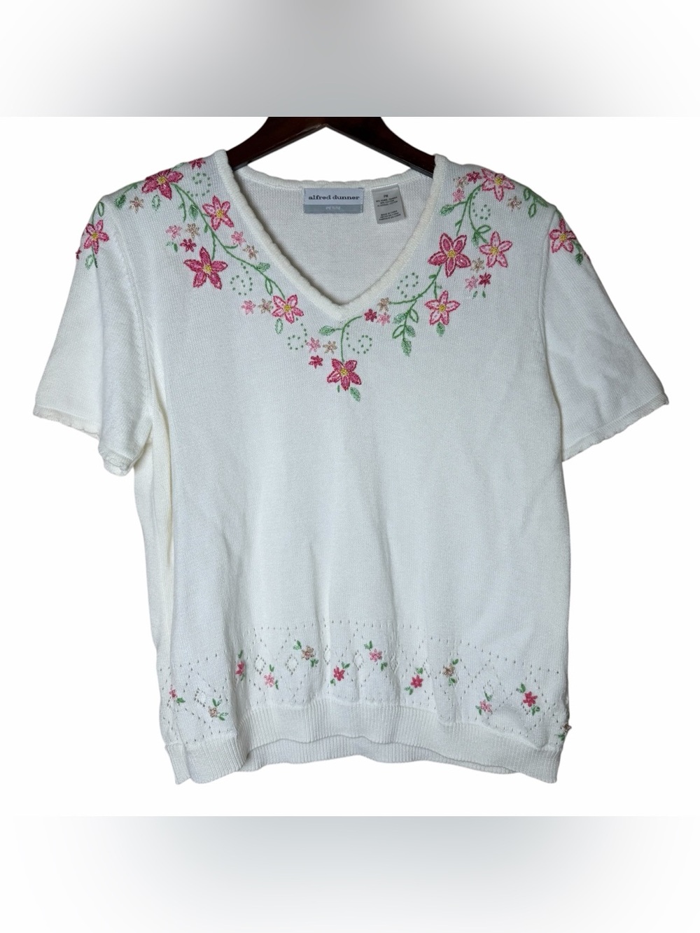 VTG alfred dunner Cottagecore Knit Sweater Top Embroidered Floral Sz PM Granny